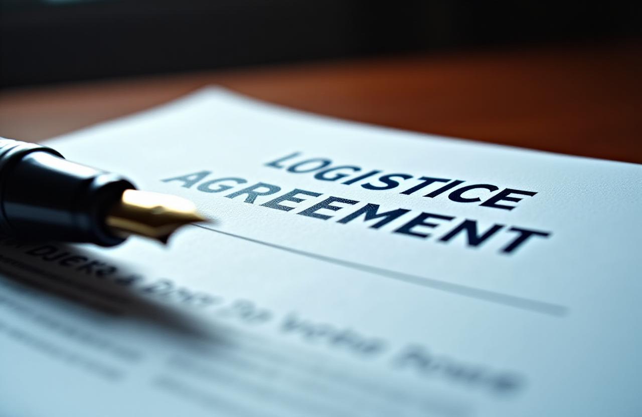Close up of a professional logistics contract on a dark wooden desk with a pen