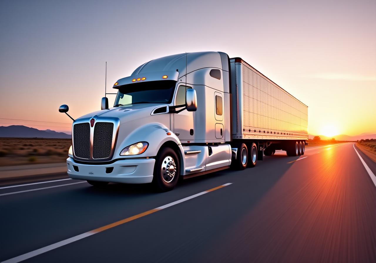 A sleek semi-truck traveling on a highway at dusk