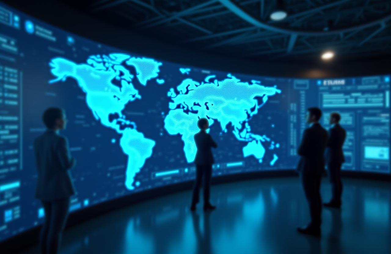 High-tech supply chain control room with digital maps and data charts
